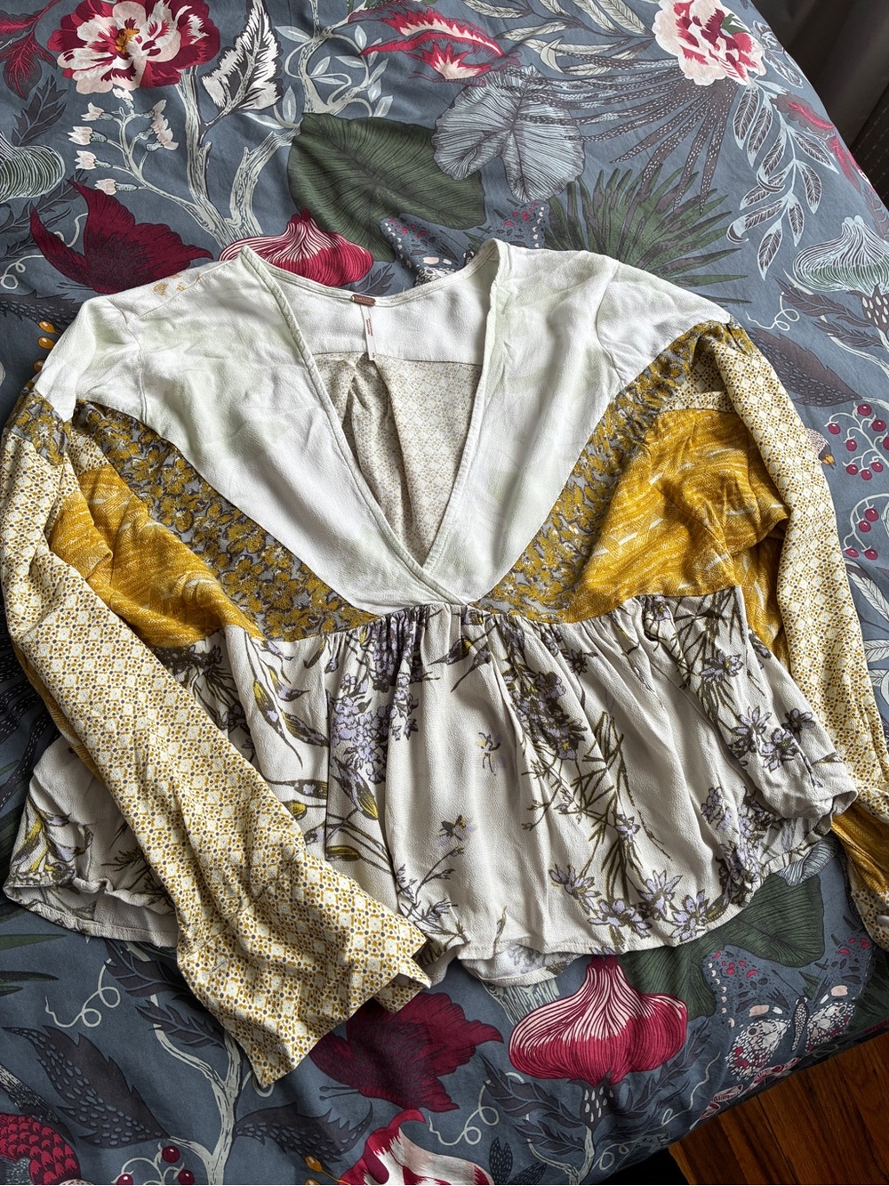 Free People Bohemian Patchwork V-Neck Peasant Top in Mustard and Cream